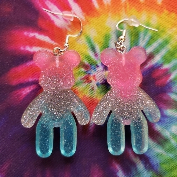 Handmade Lightweight Ombre Glitter Pink Blue Silver Teddy Bear Earrings - Picture 4 of 5